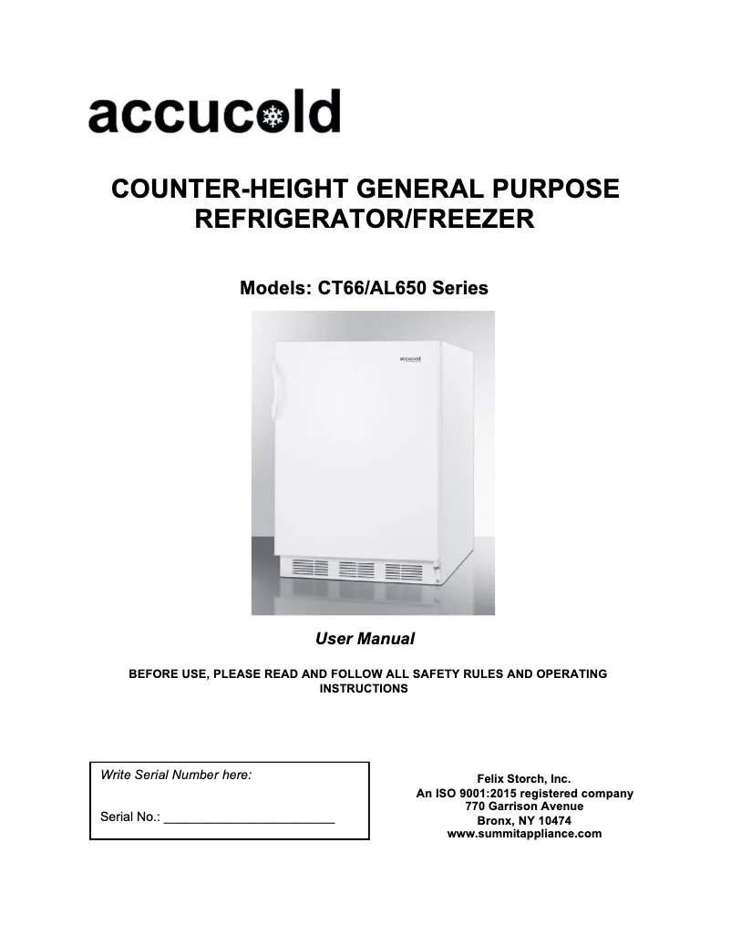 Page 1 de la notice Manuel utilisateur Accucold CT66LWADA