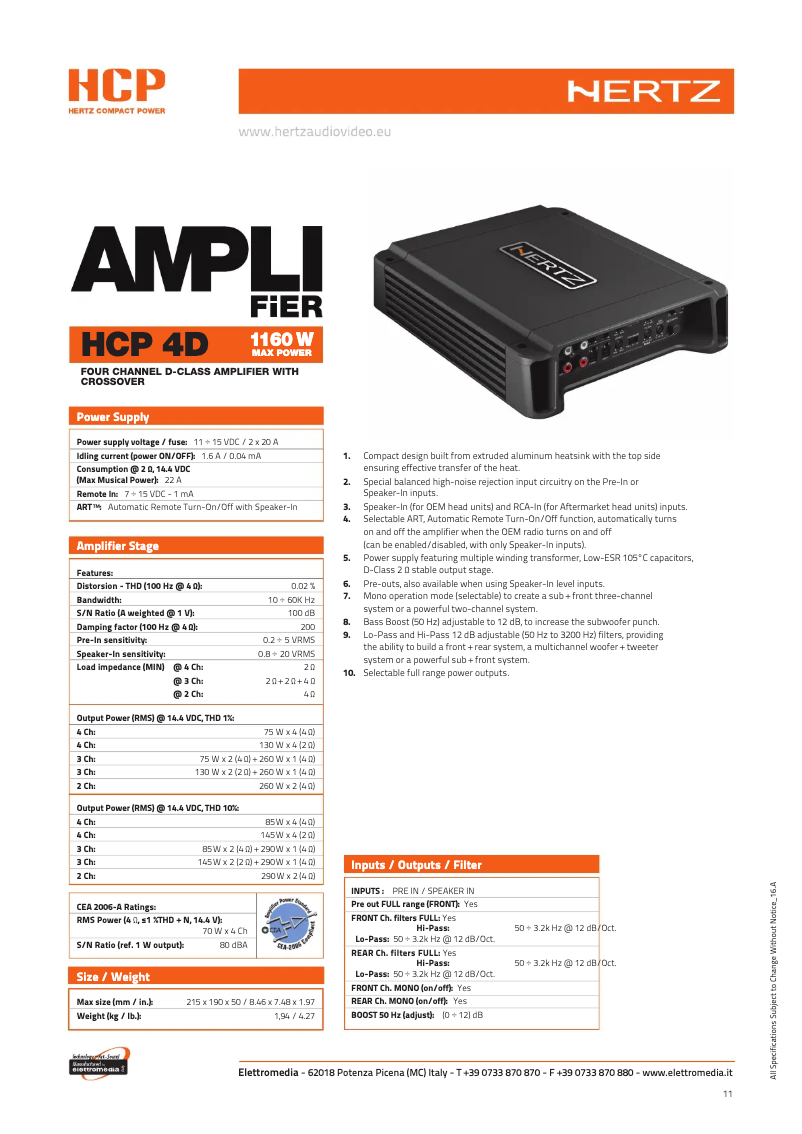 Page 1 de la notice Fiche technique Hertz HCP 4D