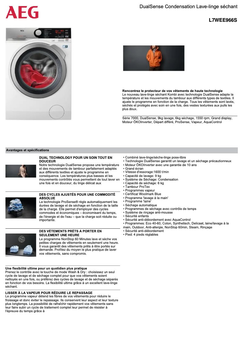 Page 1 de la notice Fiche technique AEG L7WEE966S
