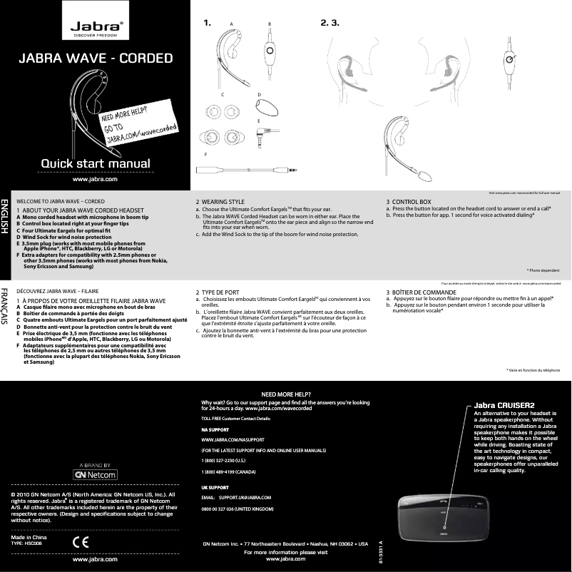 Page 1 de la notice Manuel utilisateur Jabra Wave Corded