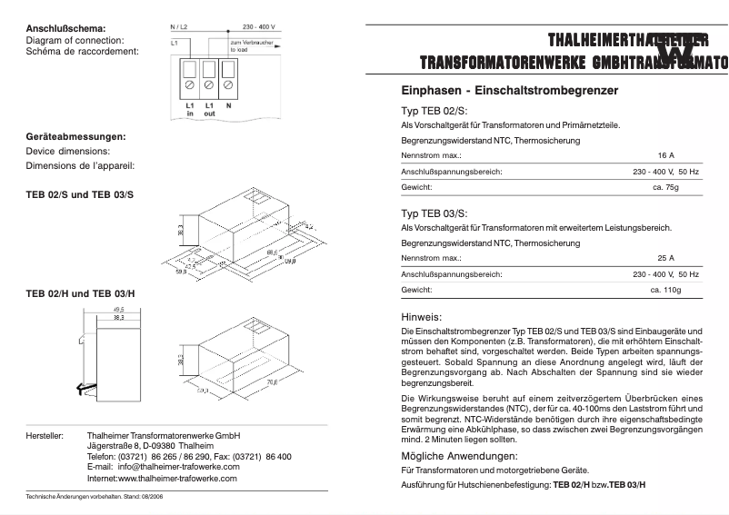 Page 1 de la notice Manuel utilisateur Thalheimer TEB 02/S