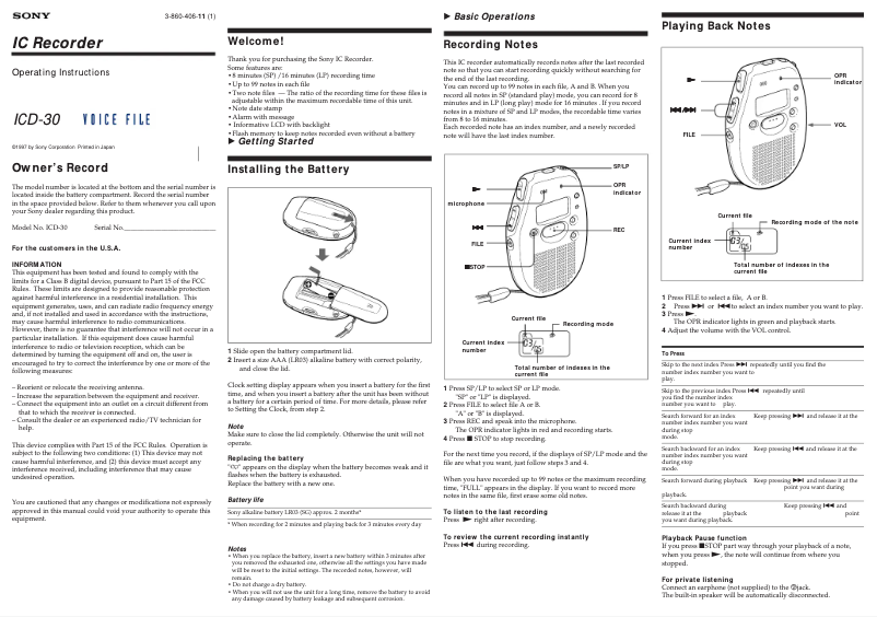 Page 1 de la notice Manuel utilisateur Sony ICD-30