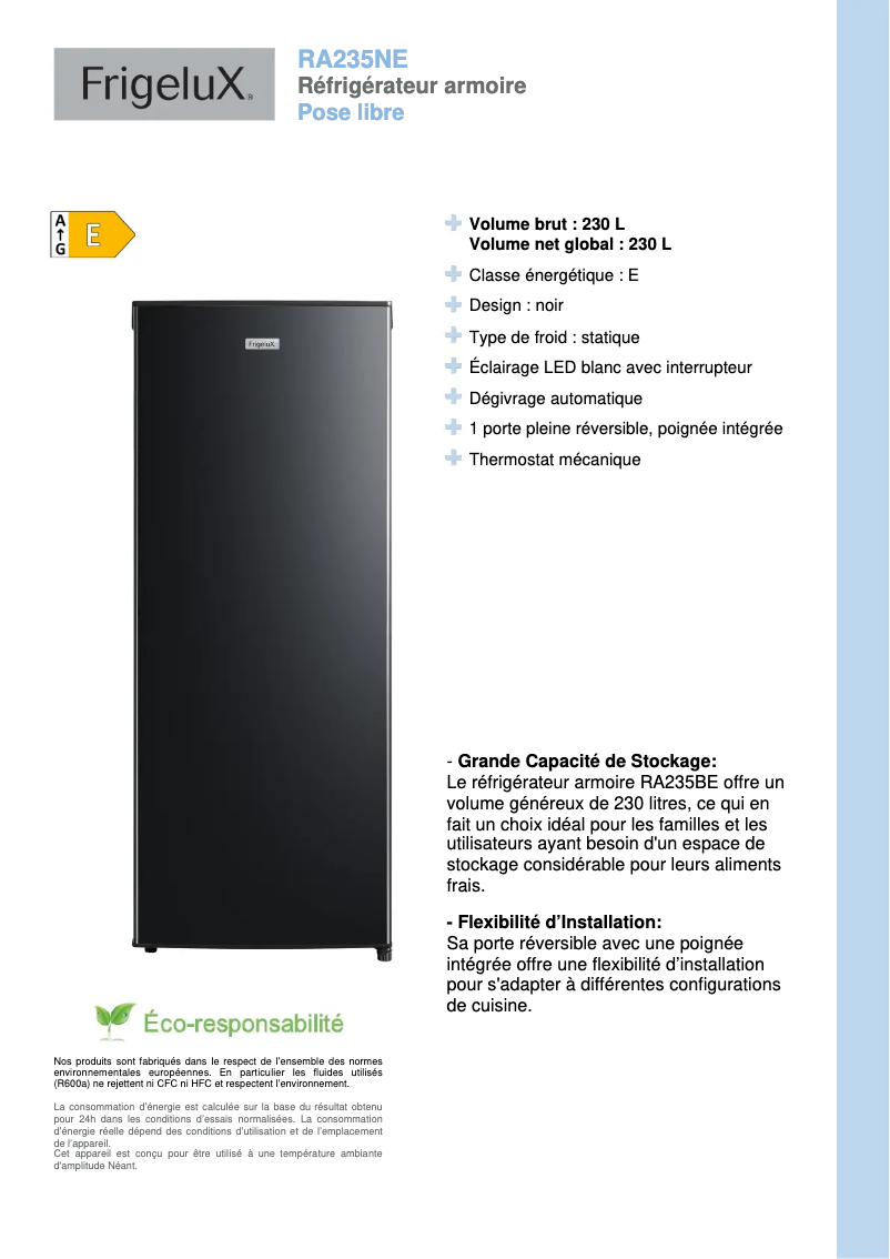 Página 1 del manual Ficha técnica FrigeluX RA235NE