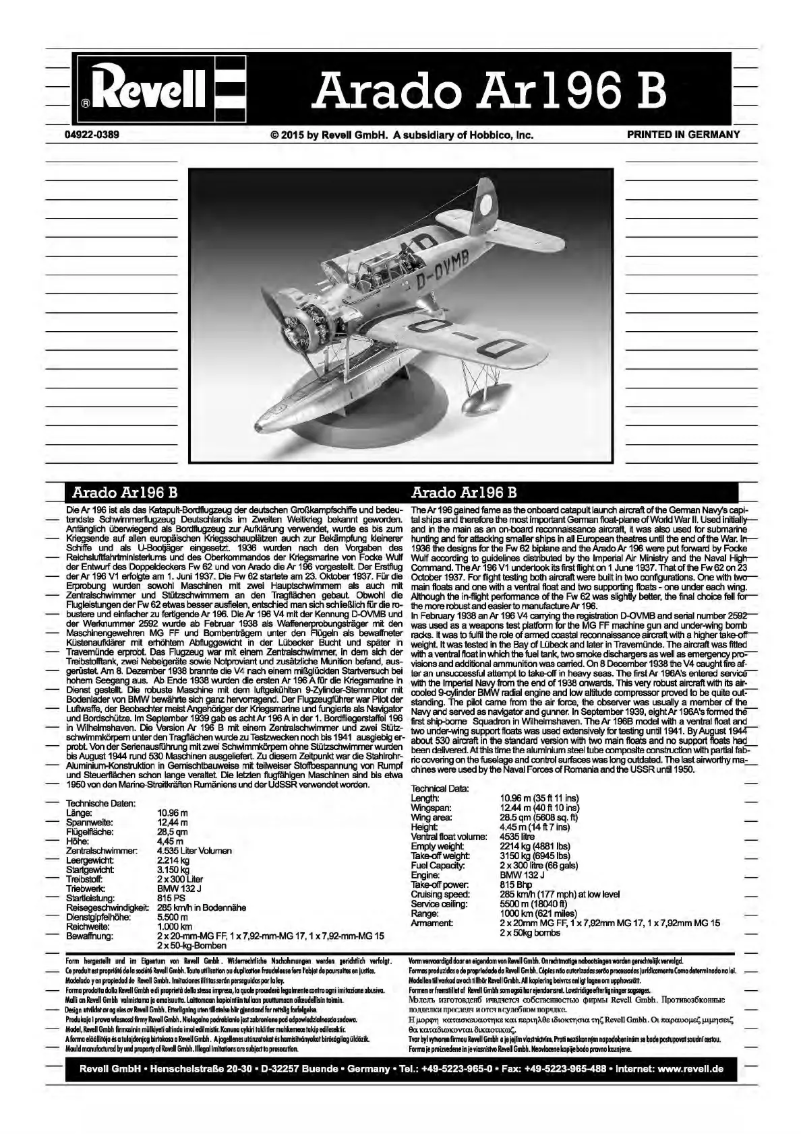 Page 1 de la notice Manuel utilisateur Revell Arado Ar196B