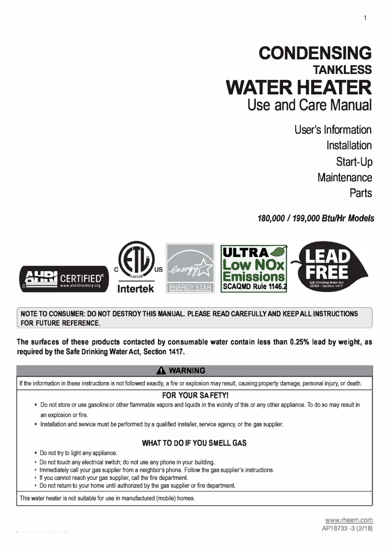 Página 1 del manual Manual de usuario Rheem Prestige RTGH-RH11DVLN