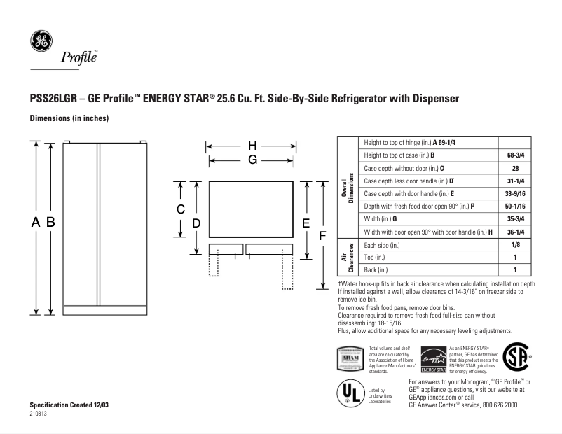 Page 1 of the manual Technical Sheet GE Profile PSS26LGRWW