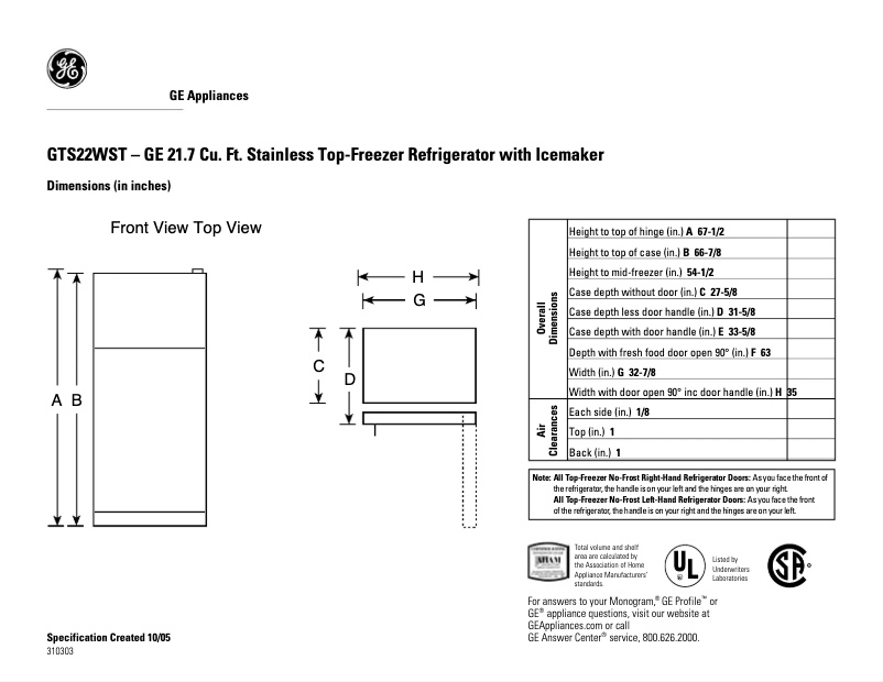 Page n°1 - Fiche technique GE GTS22WSTSS