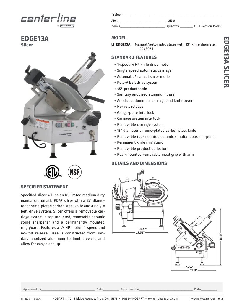 Page 1 de la notice Fiche technique Centerline EDGE13A