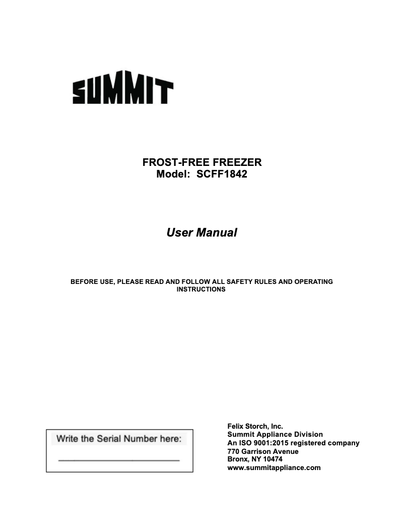 Page 1 de la notice Manuel d'utilisation et d'entretien Summit SCFF1842CSSADA