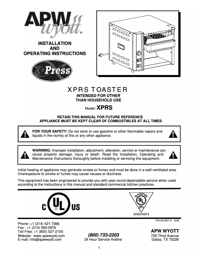 Page 1 de la notice Manuel utilisateur APW Wyott XTRM-1