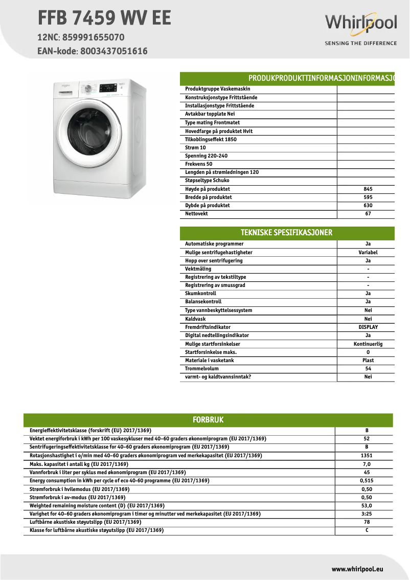 Page 1 de la notice Fiche technique Whirlpool FFB 7459 WV EE