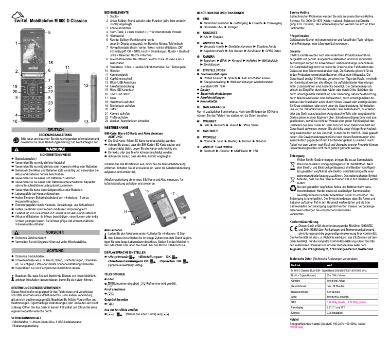 Page 1 de la notice Manuel utilisateur Switel Classico M600D