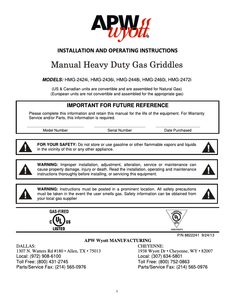 Page 1 de la notice Manuel utilisateur APW Wyott HMG-2460i
