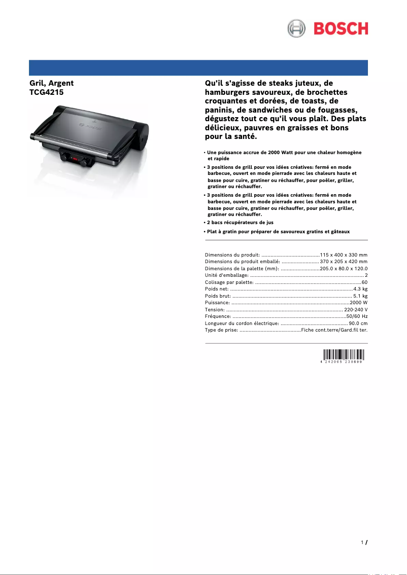 Page 1 of the manual Technical Sheet Bosch TCG4215
