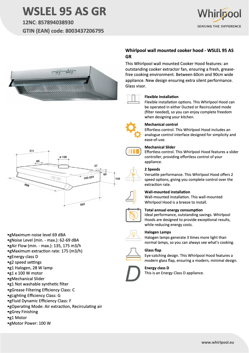 Page 1 de la notice Fiche technique Whirlpool WSLEL 95 AS GR