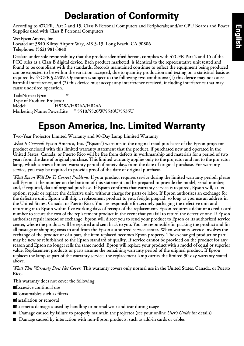 Página 1 del manual Información de garantía Epson PowerLite 5530U