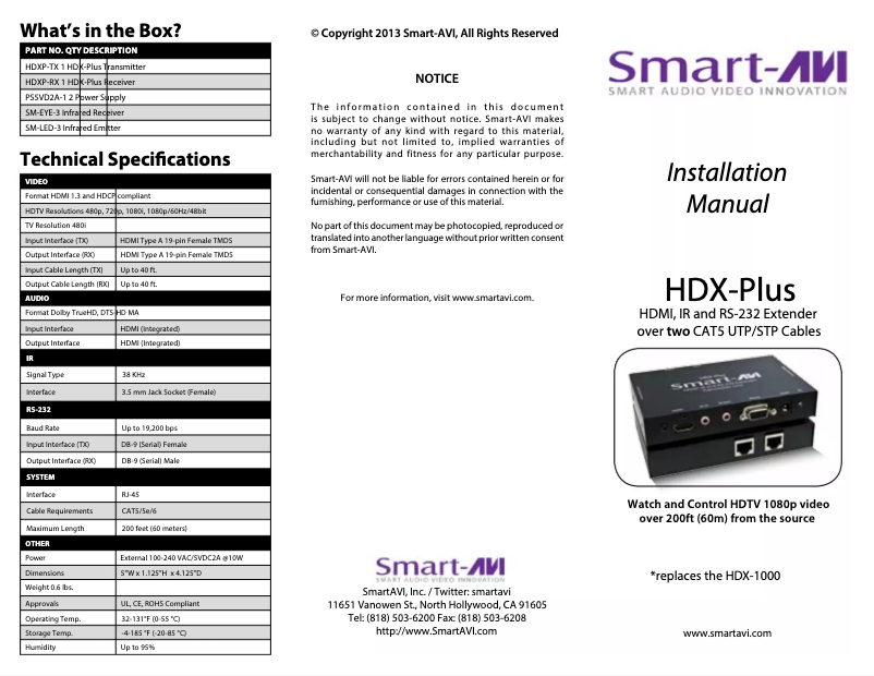 Page 1 de la notice Manuel utilisateur Smart-AVI HDX-PlusS
