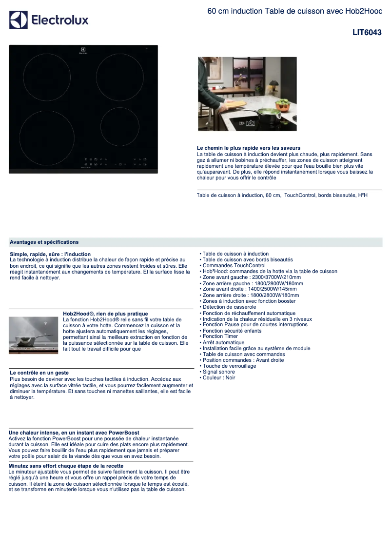 Page 1 de la notice Fiche technique Electrolux LIT6043