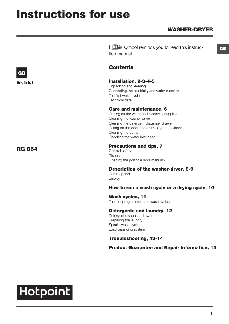 Página 1 del manual Manual de usuario Hotpoint RG 864 S UK