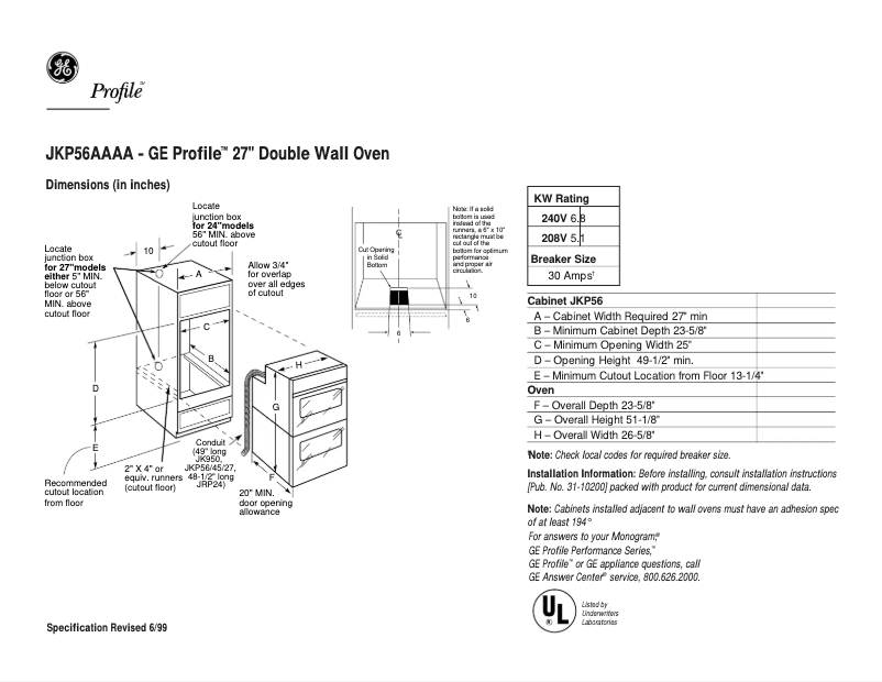 Page 1 de la notice Fiche technique GE Profile JKP56AAAA