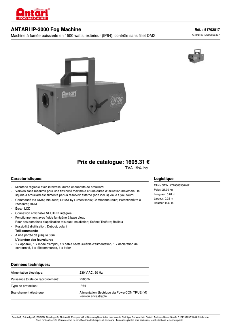 Page 1 de la notice Fiche technique Antari IP-3000
