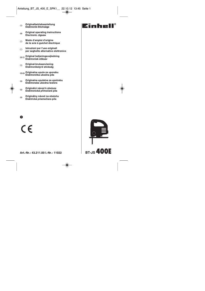 Page 1 de la notice Mode d'emploi Einhell BT-JS 400E