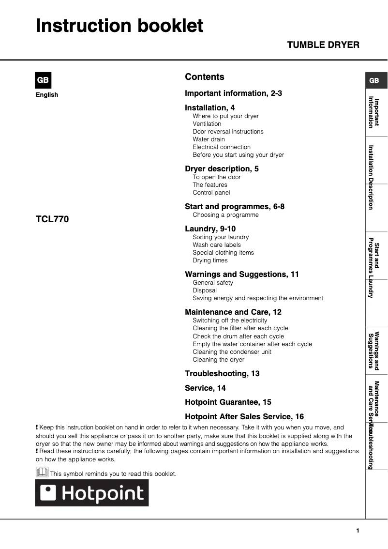 Page 1 de la notice Manuel utilisateur Hotpoint TCL770P