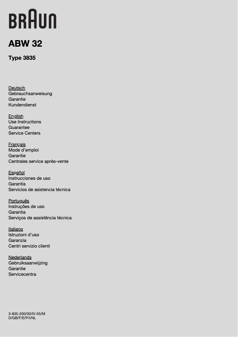 Page 1 de la notice Manuel utilisateur Braun ABW 32 Type 3835