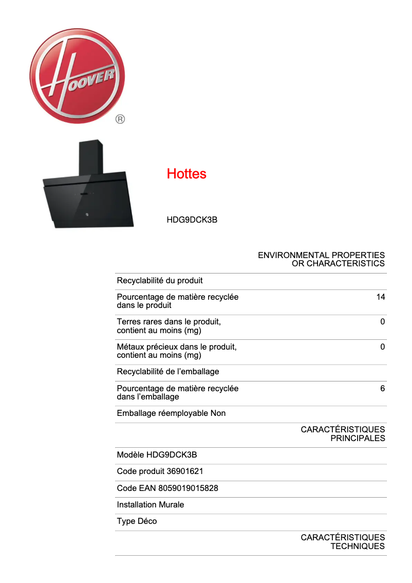 Page 1 de la notice Fiche technique Hoover H-HOOD 300 DECOR HDG9DCK3B