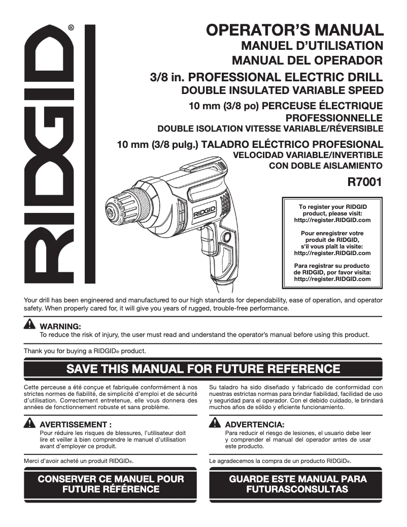 Page 1 de la notice Manuel utilisateur Ridgid R7001