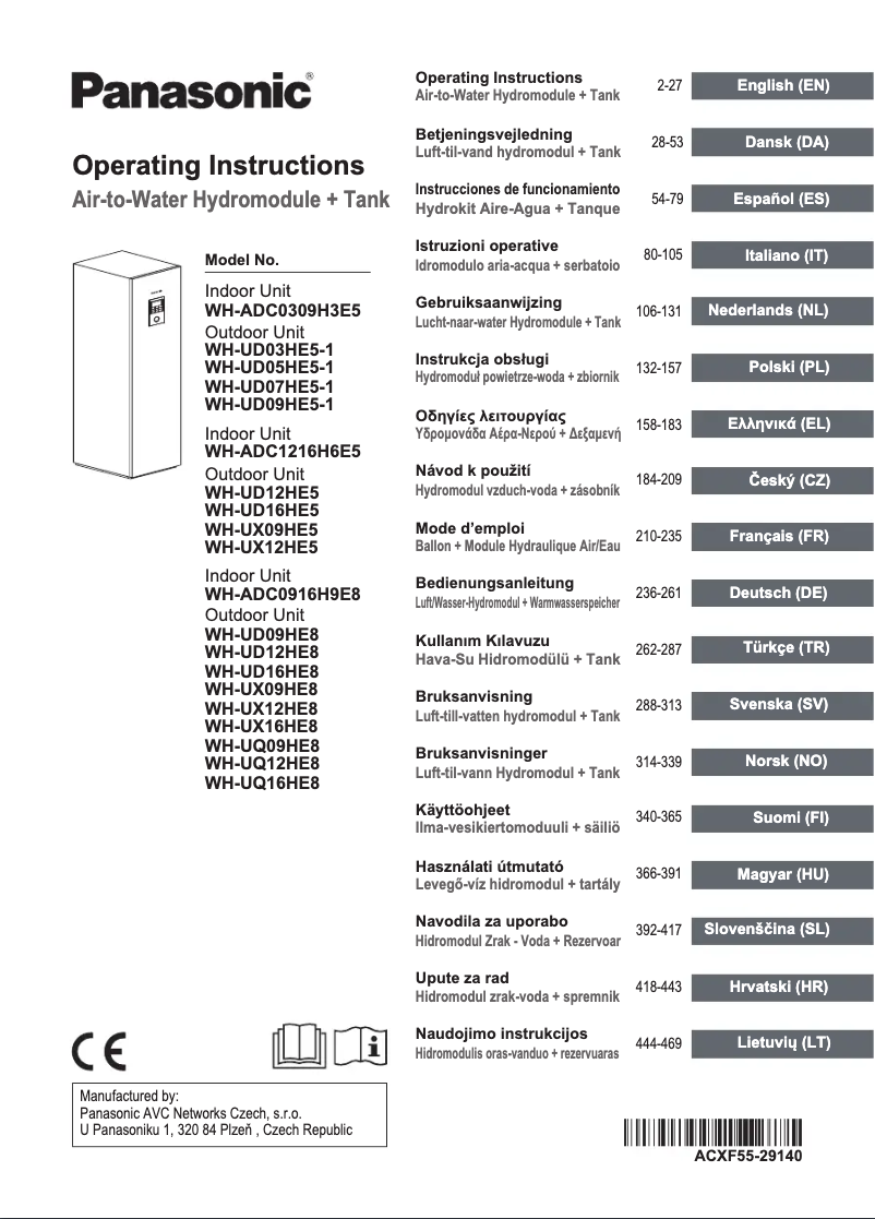Page 1 de la notice Manuel utilisateur Panasonic WH-ADC0916H9E8