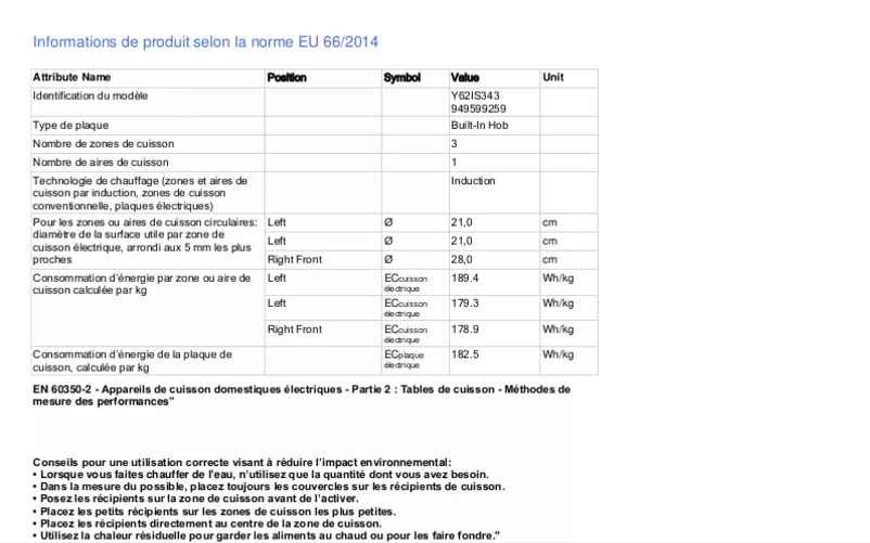Page 1 de la notice Fiche technique Electrolux Y62IS343