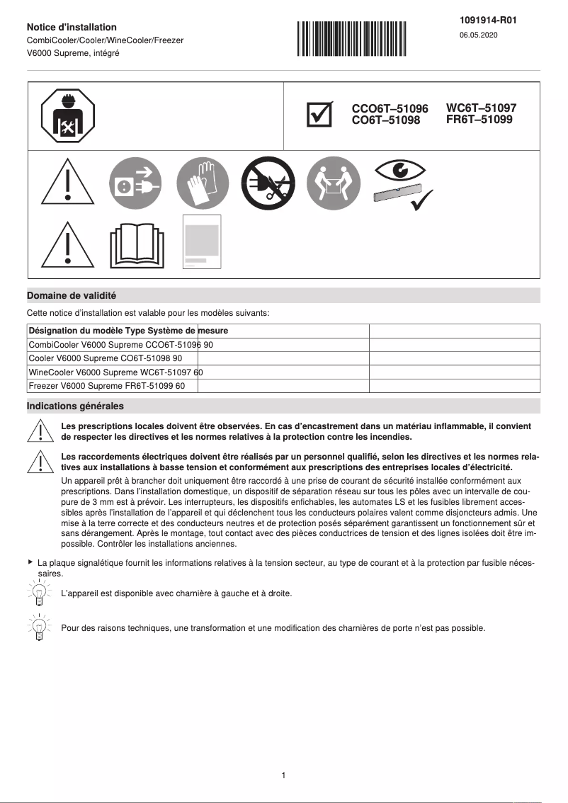 Page 1 de la notice Guide d'installation V-Zug WineCooler V6000 Supreme