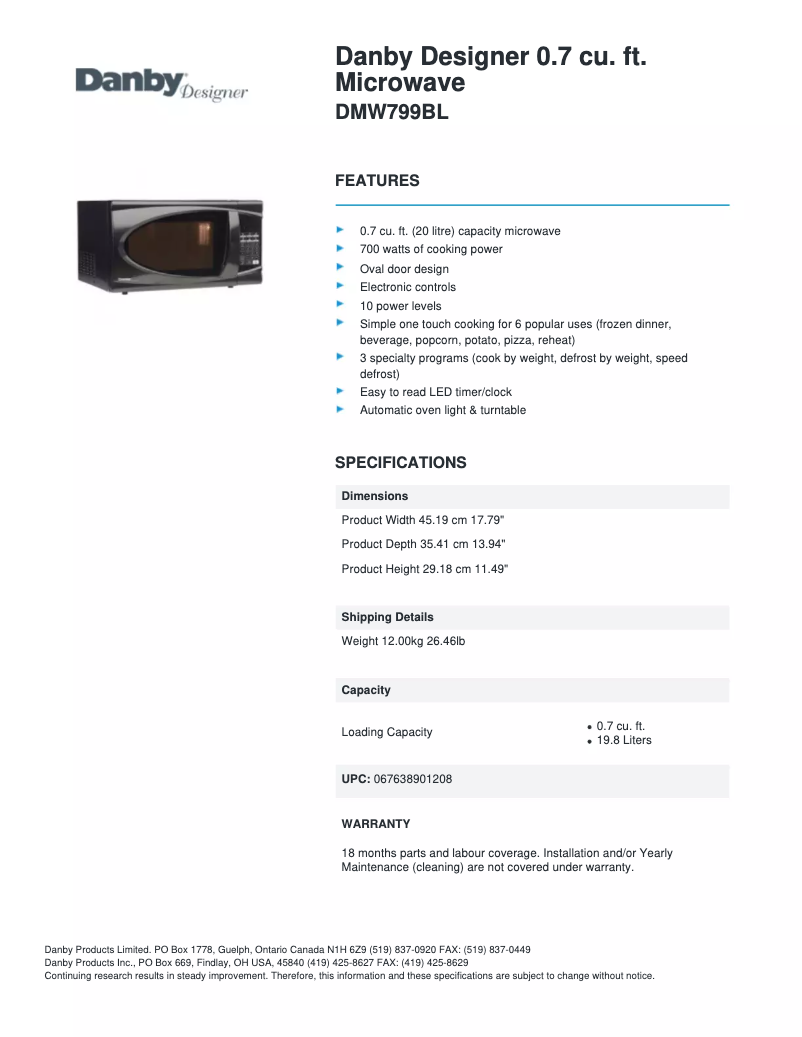 Page 1 de la notice Fiche technique Danby DMW799BL