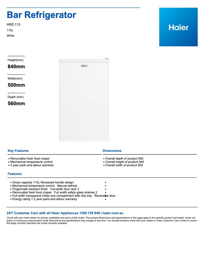 Page 1 de la notice Fiche technique Haier HRZ-113