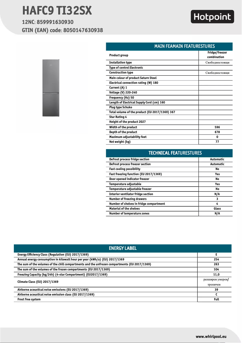Página 1 del manual Ficha técnica Hotpoint HAFC9 TI32SX