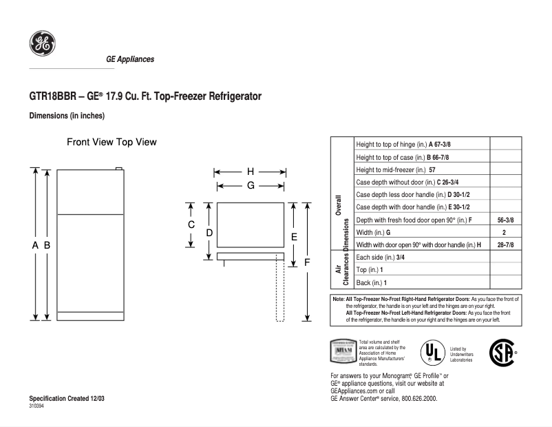 Page 1 of the manual Technical Sheet GE GTR18BBRWW