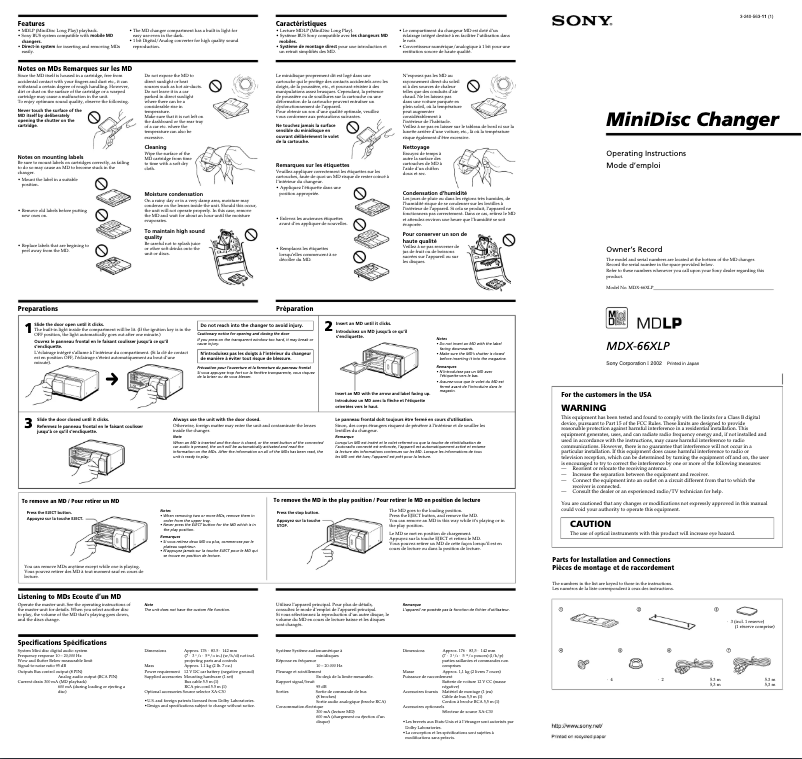 Page 1 de la notice Manuel utilisateur Sony MDX-66XLP