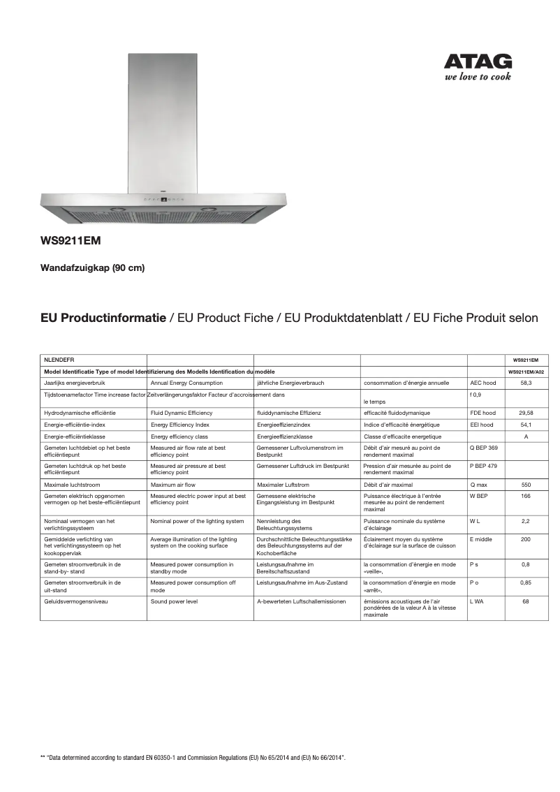 Page 1 de la notice Fiche technique Atag WS9211EM