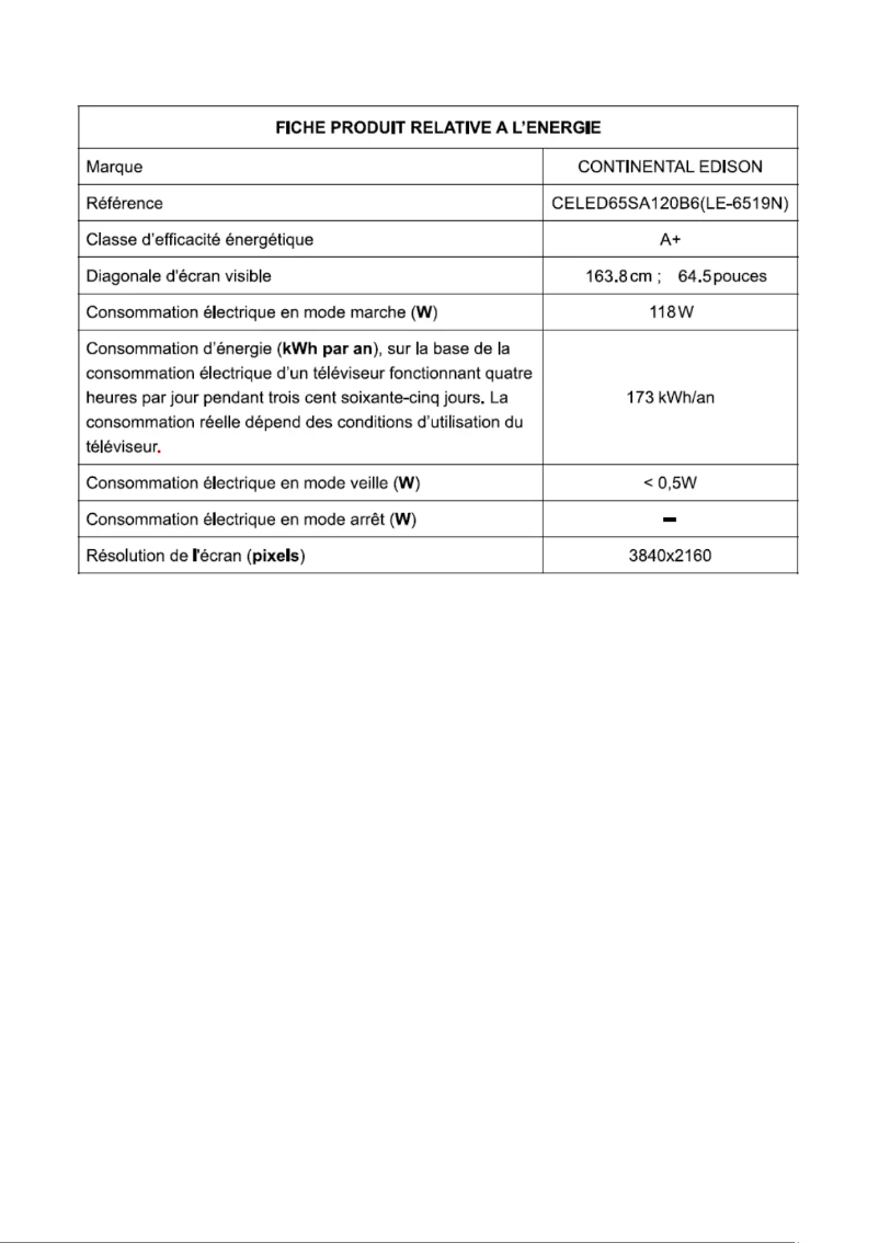 Page 1 of the manual User Manual Continental Edison CELED65SA120B6