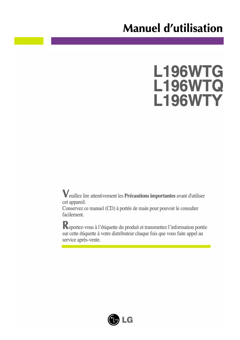 Page 1 de la notice Manuel utilisateur LG L196WTY