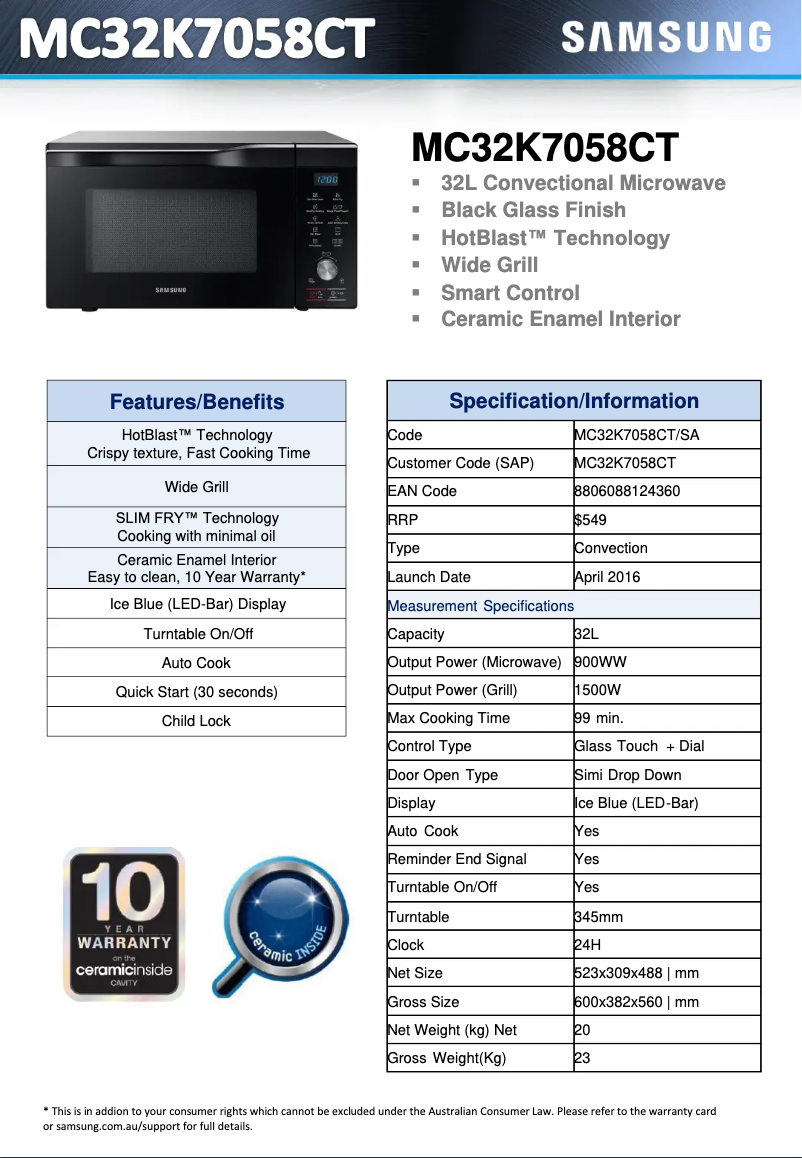 Page 1 de la notice Fiche technique Samsung MC32K7058CT