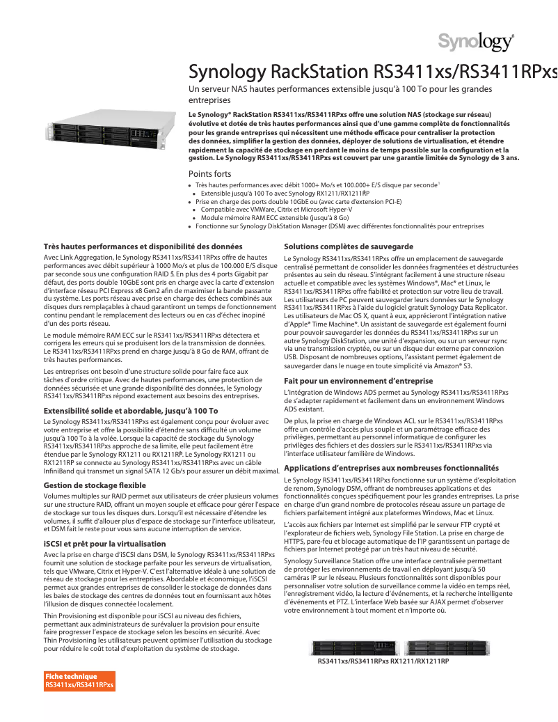 Page 1 of the manual Technical Sheet Synology RackStation RS3411xs