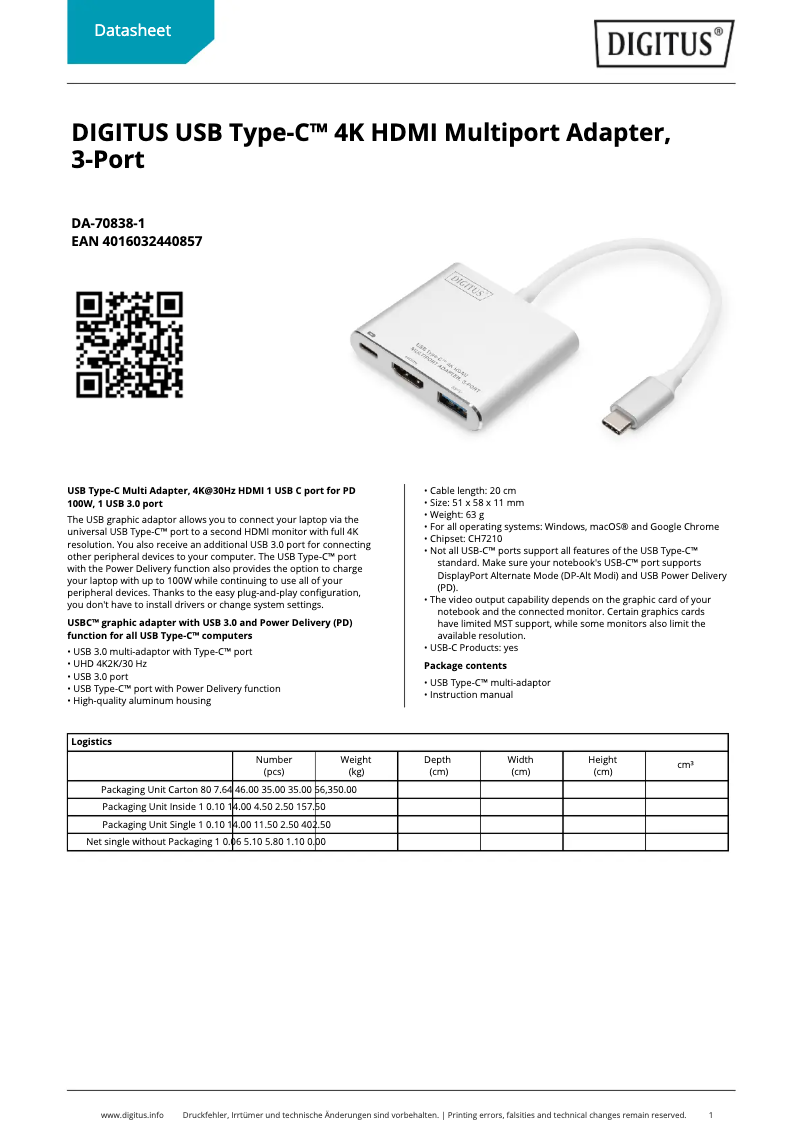 Page 1 de la notice Fiche technique Digitus DA-70838-1