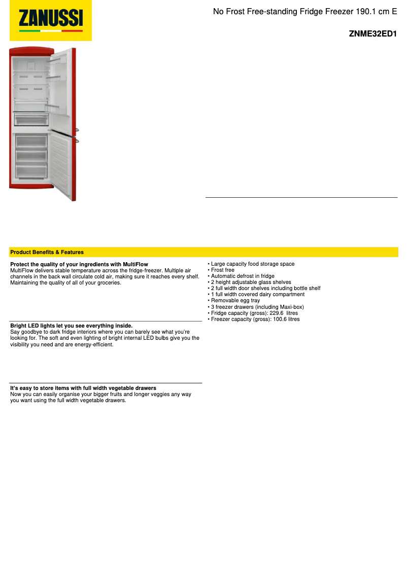 Page 1 de la notice Fiche technique Zanussi ZNME32ED1