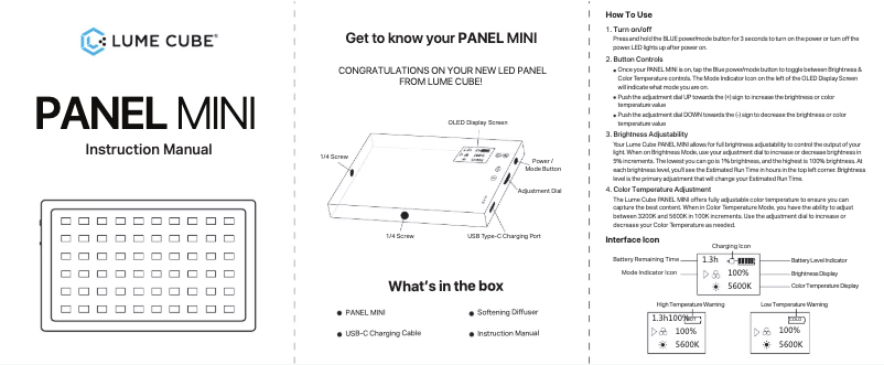 Page 1 de la notice Manuel utilisateur Lume Cube Panel Mini