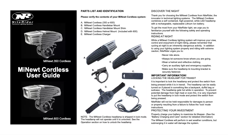 Page 1 of the manual User Manual NiteRider MiNewt 350 Cordless