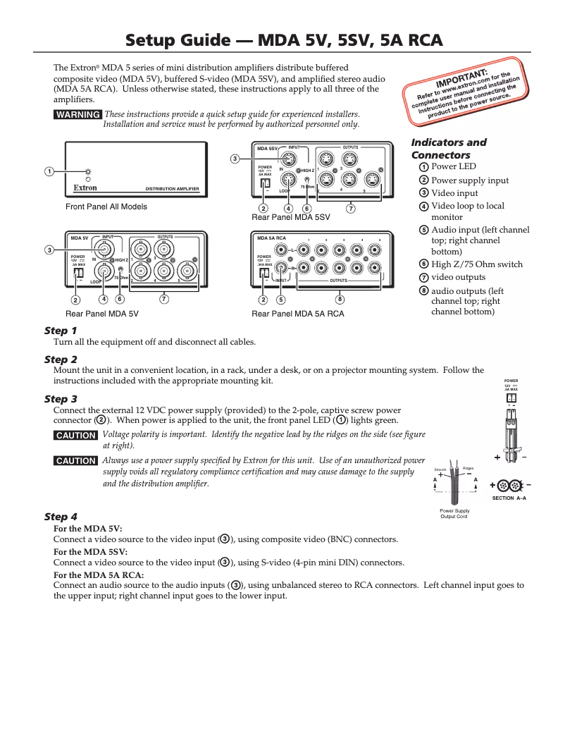 Page 1 de la notice Manuel utilisateur Extron MDA 5A RCA