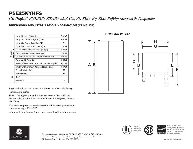 Page n°1 - Fiche technique GE Profile PSE25KYHFS