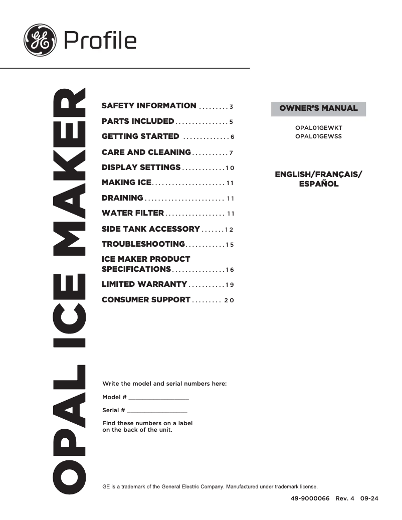 Page 1 of the manual User Manual GE Profile Opal OPAL01GEWKT